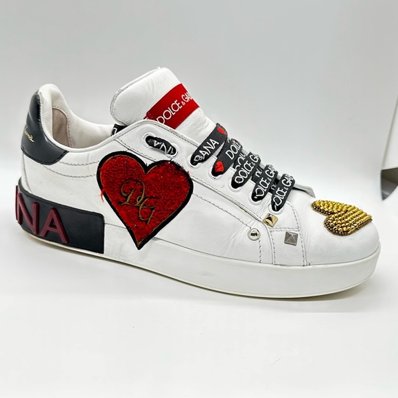 Dolce & Gabbana White Leather Portofino Gold RedHeart Low Top Sneakers Size 38 - Picture 2 of 13
